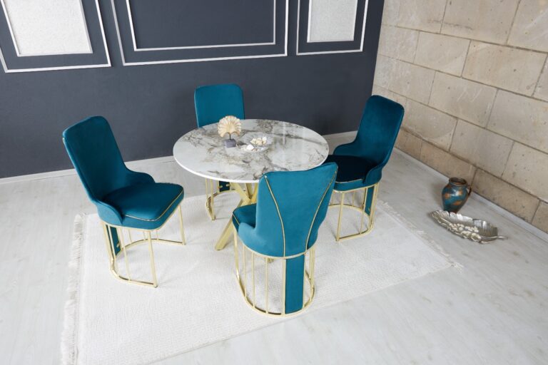 Set Masa Rotunda si 4 Scaune - Turcoaz / Marble