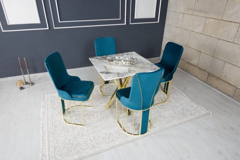 Set Masa Patrata si 4 Scaune - Turcoaz / Marble