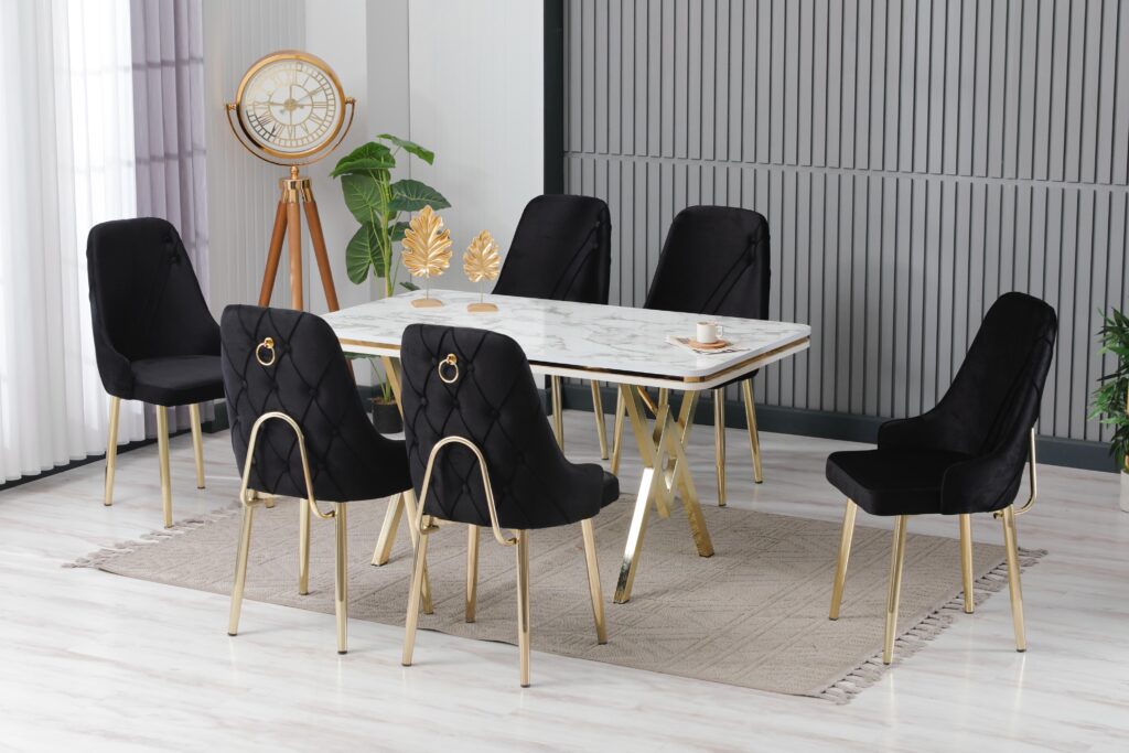 Set Masa Fixa & 6 Scaune - Negru/Gold — cadrul 1
