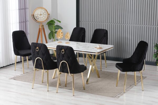Set Masa Fixa & 6 Scaune - Negru/Gold