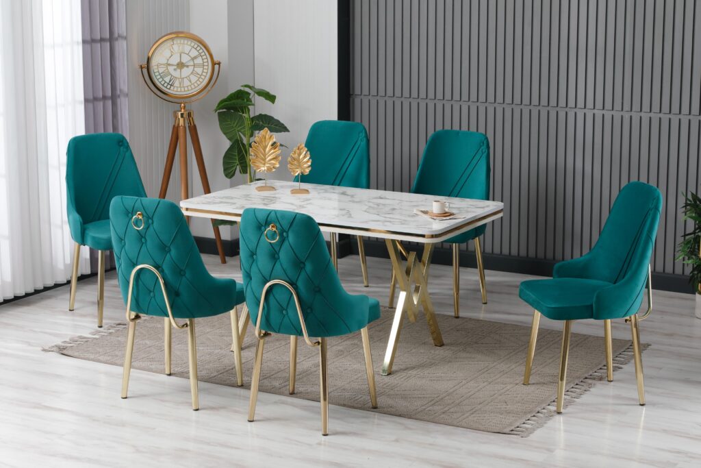 Set Masa Fixa & 6 Scaune - Verde Smarald/Gold — cadrul 1