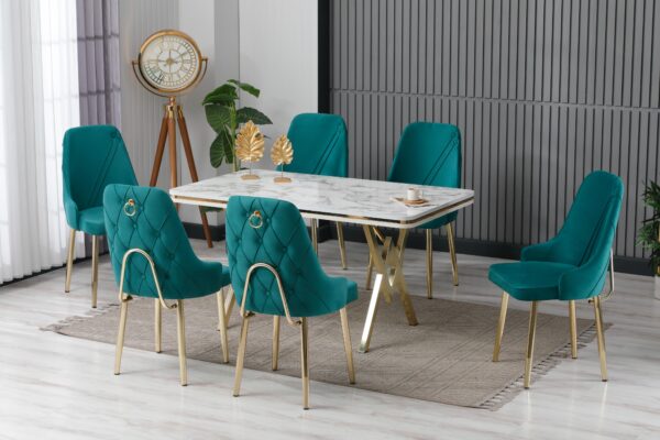 Set Masa Fixa & 6 Scaune - Verde Smarald/Gold