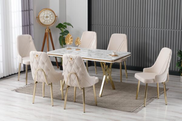 Set Masa Fixa & 6 Scaune - Beige/Gold