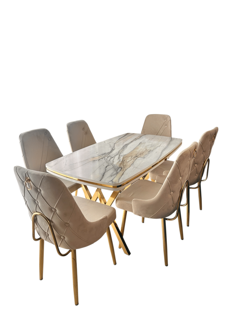 Set Masa Fixa & 6 Scaune - Beige/Gold — cadrul 1
