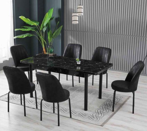 Set Masa Extensibila PAL Melaminat & 6 Scaune – Negru/Granit