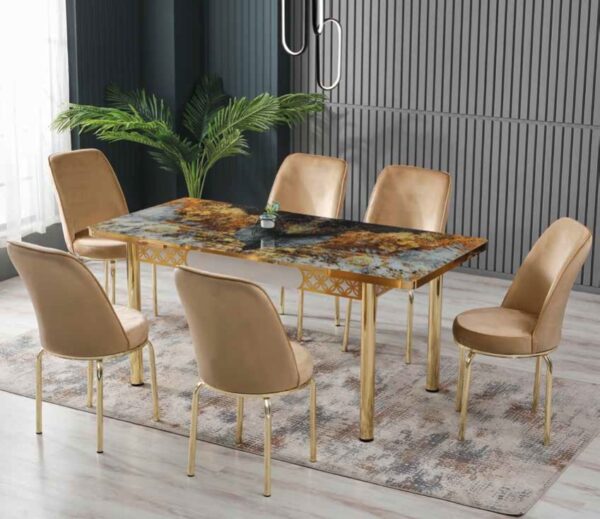 Set Masa Extensibila Sticla & 6 Scaune – Aur