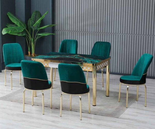 Set Masa Extensibila Sticla & 6 Scaune – Verde / Gold Line