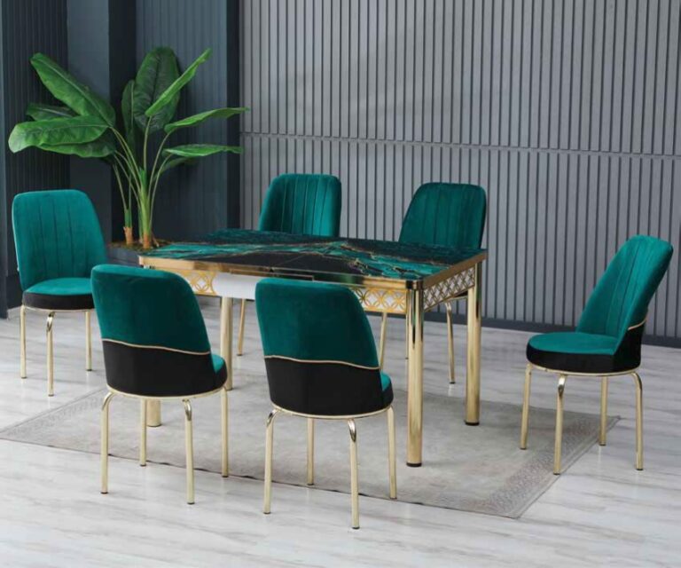 Set Masa Extensibila Sticla & 6 Scaune – Verde / Gold Line