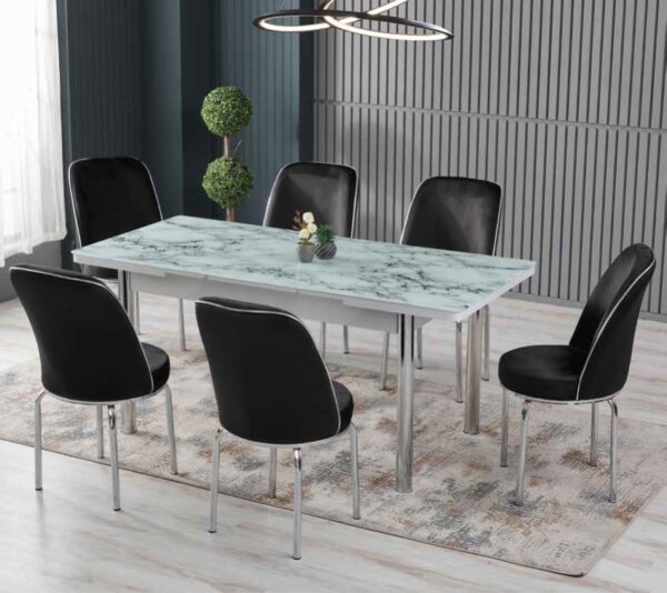 Set Masa Extensibila Sticla & 6 Scaune – Black/Marble