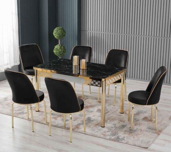 Set Masa Extensibila Sticla & 6 Scaune – Black/Gold