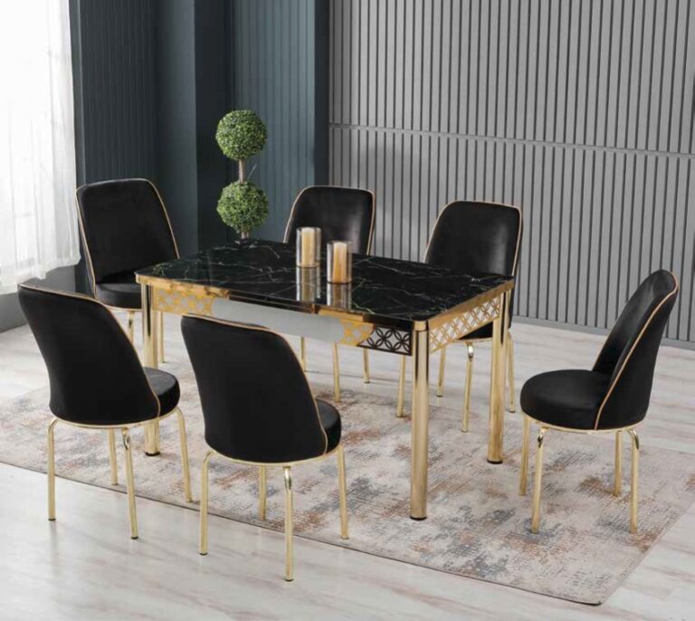 Set Masa Extensibila Sticla & 6 Scaune – Black/Gold
