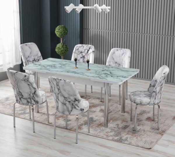 Set Masa Extensibila Sticla & 6 Scaune – Marmura Alba / Crom