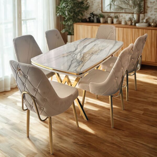 Set Masa Fixa & 6 Scaune - Beige/Gold