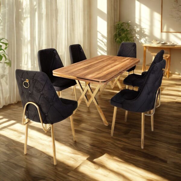 Set Masa Fixa & 6 Scaune - Negru/Lemn