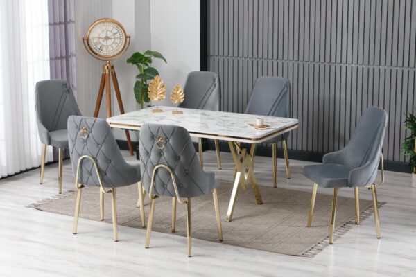 Set Masa Fixa & 6 Scaune - Gri/Gold