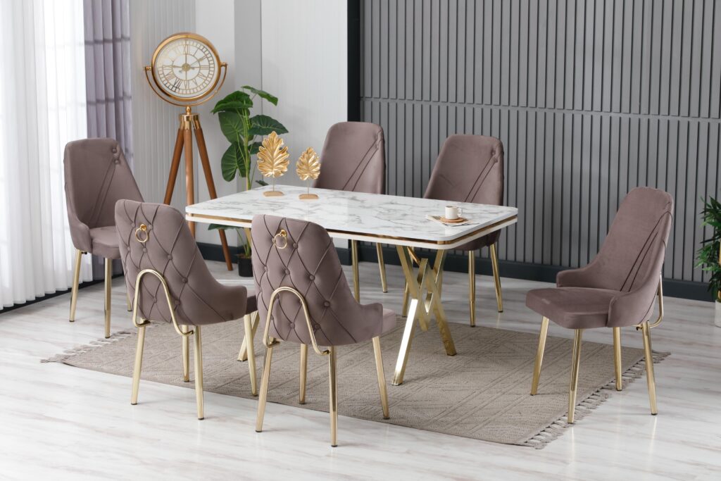 Set Masa Fixa & 6 Scaune - Cappuccino/Gold — cadrul 1
