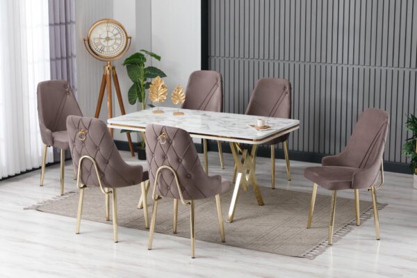 Set Masa Fixa & 6 Scaune - Cappuccino/Gold