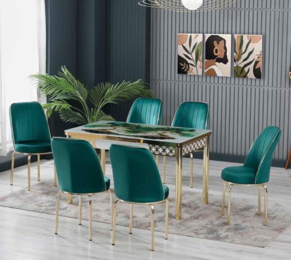 Set Masa Extensibila Sticla & 6 Scaune – Verde / Gold