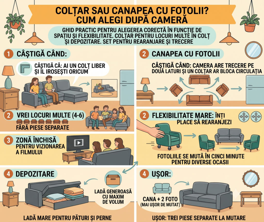 Colțar sau canapea cu fotolii? Cum alegi după cameră