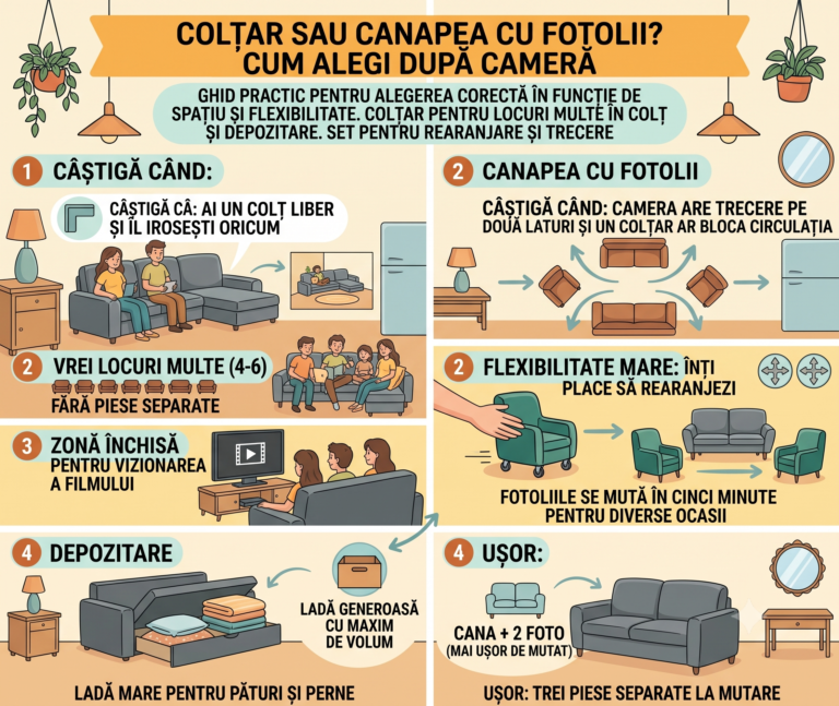 Colțar sau canapea cu fotolii? Cum alegi după cameră