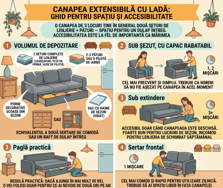 Canapea extensibilă cu ladă: cât spațiu de depozitare câștigi