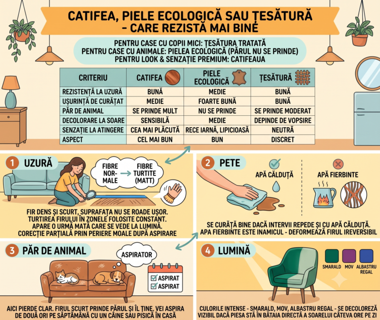 Catifea, piele ecologică sau țesătură — care rezistă mai bine
