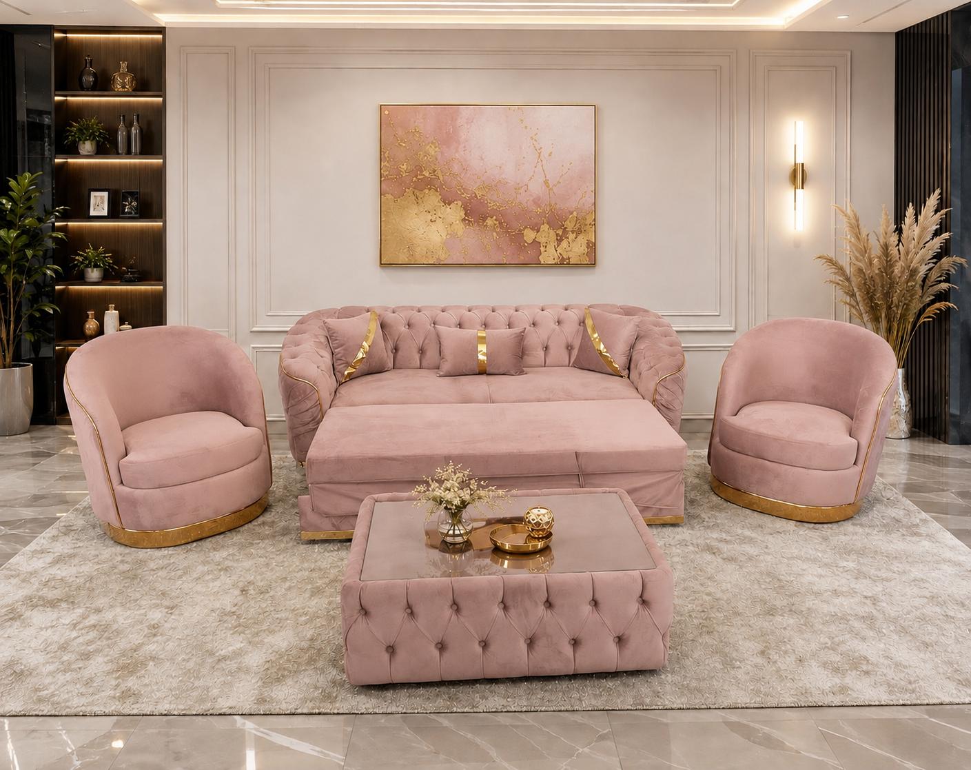 Set Canapea Extensibila Premium si 2 Fotolii - Rose — foto de ambient